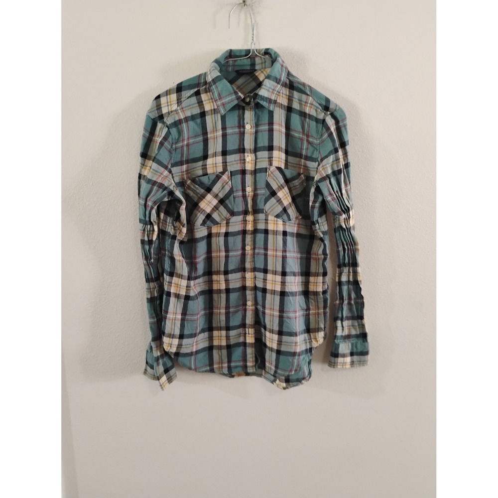 Aeropostale Womens Teal Blue Yellow Plaid Flannel Button Down Shirt Small